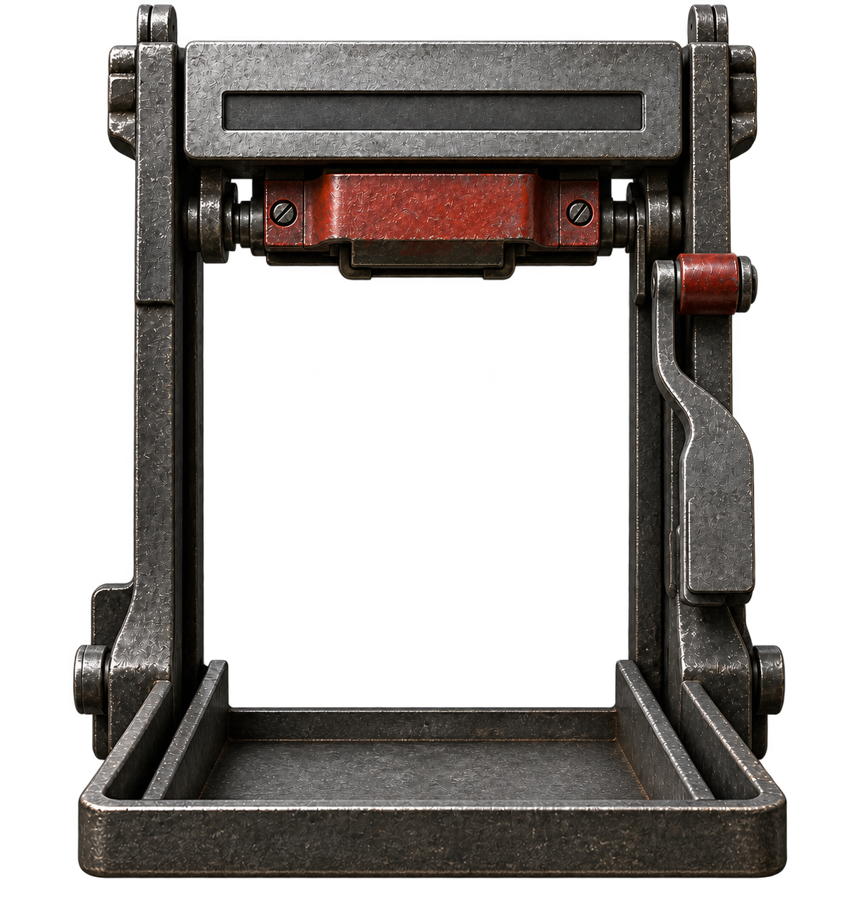 A worn municipal ticket-numbering gate with a red numbering head, tear lever, and catch tray